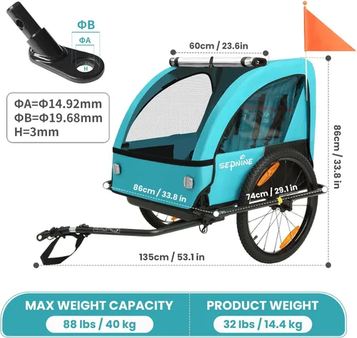 Vista 3 de Remolque de bicicleta para niños, adecuado para 1 a 2 niños, doble asiento, acoplador universal, plegable, toldo con pantalla contra insectos