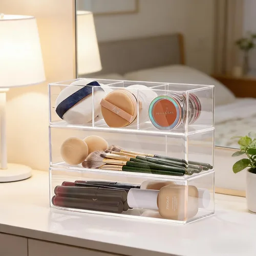 Vista 5 de WECHENG Organizador de maquillaje acrílico: organizador de baño para encimera, organizador de cosméticos apilable para tocador, escritorio, cocina