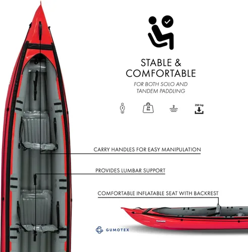Vista 2 de GUMOTEX Kayak inflable SEAWAVE: ligero, maniobrable y robusto para aventuras de dos personas en ríos, lagos y ensenadas costeras, ideal para paseos