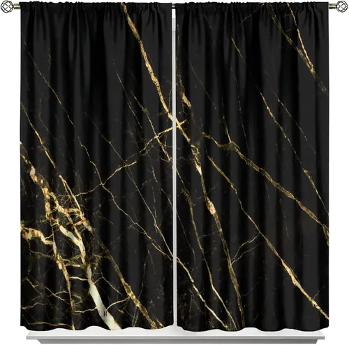 Vista 19 de Cortinas Negras con Dobladillo Dorado, Cortinas Opacas con Bolsillo para Barra con Estampado de Rayas de Foil en Onda Dorada para Decoración de Negro