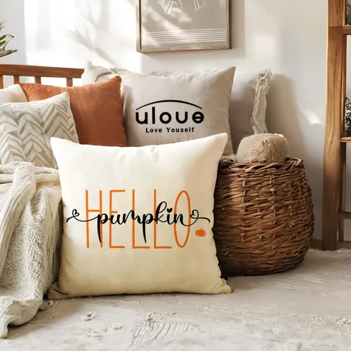 Vista 3 de Fundas de almohada naranjas de otoño de 12 x 20 pulgadas, paquete de 2 fundas de almohada decorativas rectangulares/lumbar, fundas de cojín de Hello