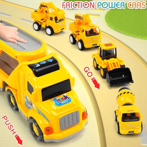 Vista 5 de Veslier Juguetes de camión de construcción 9 en 1 para edades de 3, 4, 5, 6 años, vehículos con sonidos y luces en camión transportador, juguetes