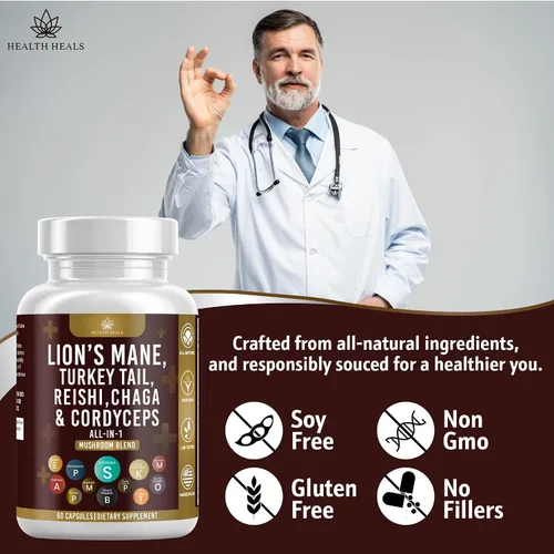 Vista 6 de Suplemento de hongos con cola de pavo de melena de león Reishi Cordyceps Chaga raíz de malvavisco - 120