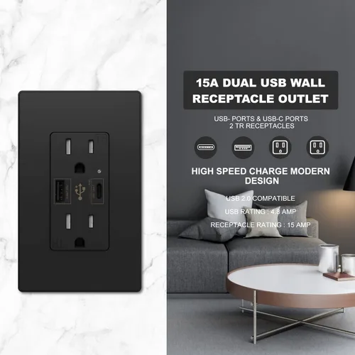 Vista 2 de Micmi Toma USB con enchufe C + A de pared dual de alta velocidad inteligente con capacidad de carga rápida de 4.8 A, 15 amperios y 125 voltios