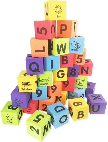Vista 5 de MOBU Bloques de construcción de espuma para niños pequeños, 30 piezas de bloques de números de letras del alfabeto de 2 pulgadas con bolsa