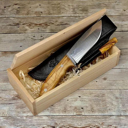 Vista 9 de Cuchillo de caza con mango de madera personalizado y funda de cuero para regalo, mango de oliva Bohler N690 Bushcraft