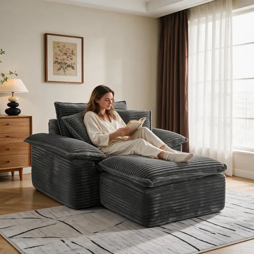 Vista 13 de Tumbona de 47 pulgadas para interiores, moderno sofá cama sin huesos con otomana, silla de asiento profundo con almohadas, cómodos sofás seccionales