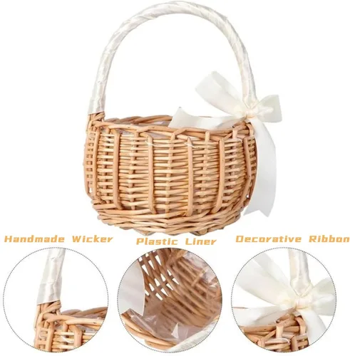Vista 4 de Lyellfe Paquete de 2 canastas de mimbre hechas a mano con cinta de seda con asa, cesta decorativa para huevos y dulces para regalos, bodas