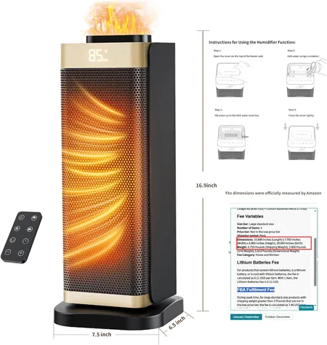 Vista 9 de Calentadores de espacio para uso en interiores, calentador de espacio portátil con humidificador/luz ambiental, calentadores eléctricos seguros