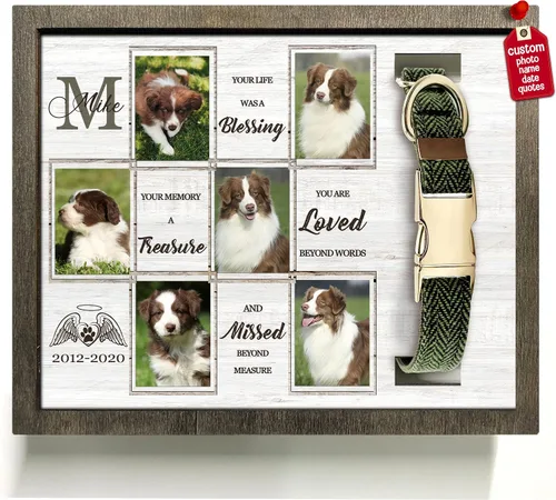 Vista 8 de Marco de madera personalizado con foto de perro con nombre para fotos, recuerdo de mascotas, con soporte para collar, regalo de recuerdo con cita