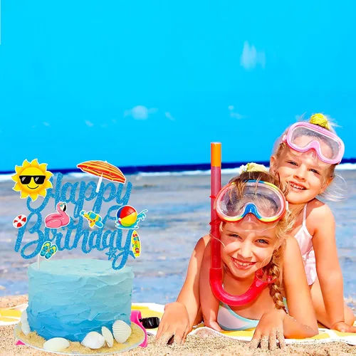 Vista 7 de Decoración de pastel de playa de verano para piscina, selección de pastel de cumpleaños, decoración de pastel de feliz cumpleaños, decoración
