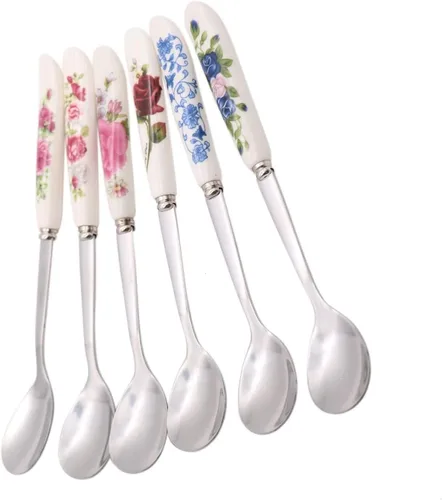Vista 3 de Paquete de 6 cucharas de café de acero inoxidable con mango de cerámica, cucharadita de helado de azúcar, cuchara de desierto, vajilla para sopa
