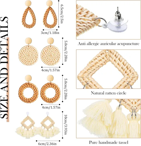 Vista 6 de Bolsos de paja tejidos de verano, bolso de mano cruzado con 4 pares de aretes, aretes de ratán bohemio para mujeres y niñas