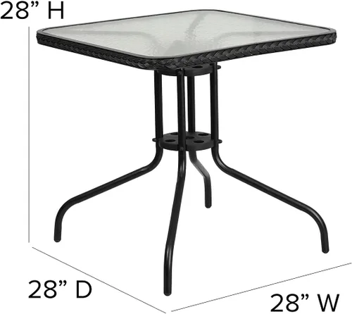 Vista 3 de Muebles Flash de 28 pulgadas tabla de cristal moderada cuadrada del metal con el borde de ratán negro