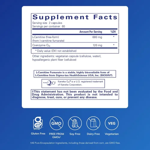 Vista 2 de Pure Encapsulations CoQ10 l-Carnitina Fumarato Soporte Cardiovascular Ultra-Cargado 120 Cápsulas