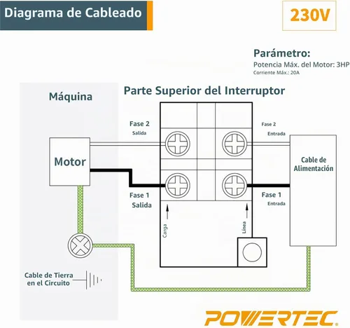Vista 8 de Powertec 120V/230V Interruptor de paleta de voltaje dual con tornillos, 28 amperios, palanca de rodilla para herramientas eléctricas