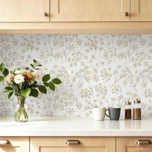 Vista 7 de Safiyya Papel tapiz adhesivo floral para despegar y pegar, 78.7 x 17.3 pulgadas, papel de pared blanco y beige, moderno, neutro, autoadhesivo