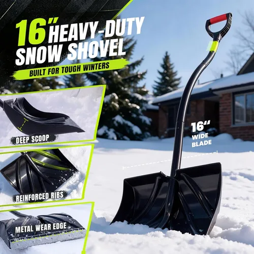 Vista 3 de Pala de nieve resistente, pala de nieve extra ancha para entrada, acera, patio, cubierta y puerta, quitanieves ergonómico con hoja de acero, mango