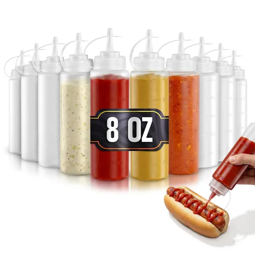 Vista 23 de BURIUS Paquete de 6 botellas pequeñas de 4 onzas para líquidos, botellas transparentes para condimentos exprimibles para salsas, salsa de tomate