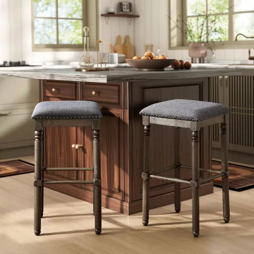 Vista 3 de Roundhill Furniture Arnhem Taburetes de bar tapizados de madera, juego de 2, color gris