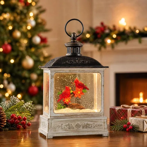 Vista 5 de Globo de nieve navideño con agua brillante, escena de cardenal con música y temporizador, linterna iluminada con USB/operada por batería