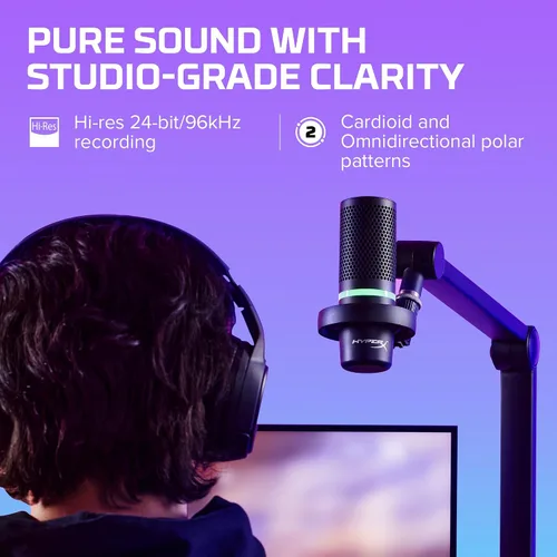 Vista 11 de HyperX DuoCast - Micrófono condensador USB RGB para PC, PS5, PS4, Mac, montaje de choque de bajo perfil, cardioide, omnidireccional, filtro pop