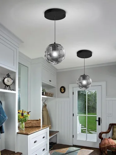 Vista 7 de ykolupty Lámpara colgante negra de 1 luz moderna de globo de vidrio gris ahumado, luces colgantes para isla de cocina, luces colgantes ajustables