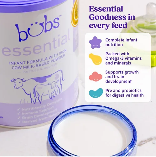 Vista 3 de Bubs Essential - Fórmula infantil con hierro, polvo a base de leche de vaca, para bebés de 0 a 12 meses, hecha con leche sin OMG, 20 onzas