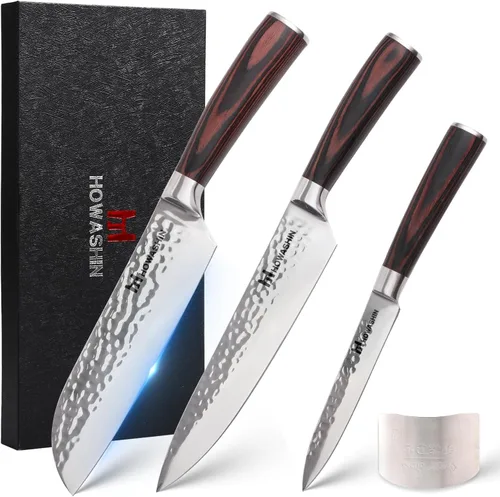 Vista 7 de Juego de cuchillos de cocina de acero inoxidable alemán, 3 piezas, cuchillo de chef de alto carbono, mango ergonómico de madera
