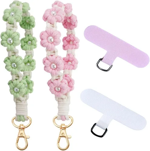 Vista 14 de VIOKKO Correa de muñeca de macramé bohemio para teléfono, cordón para teléfono celular con lengüeta de sujeción, pulsera con soporte para correa