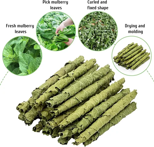 Vista 4 de Fhiny Juguetes masticables de conejo, 1.76 oz de hojas de morera natural, rollos crujientes de animales pequeños, bocadillos molares de chinchilla