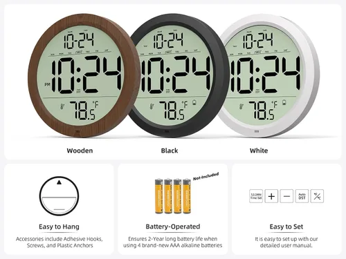 Vista 12 de Reloj de pared digital con fecha, temperatura interior, DST automático, reloj digital a batería, reloj de pared pequeño de madera decorativo de 8