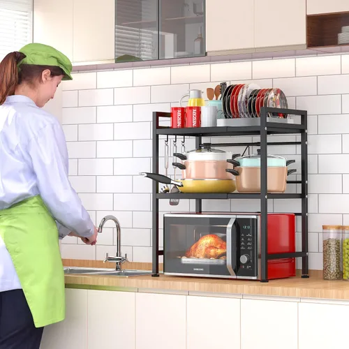 Vista 4 de PUSDON Estante para horno de microondas, estante ajustable resistente de 3 niveles con 3 ganchos para organizador de encimera de cocina