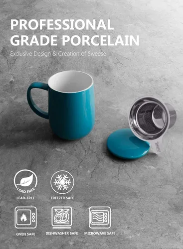 Vista 3 de Sweese Taza de té de porcelana de 20 onzas con infusor y tapa, taza de té de hojas sueltas, regalos para amantes del té, blanco y azul acero