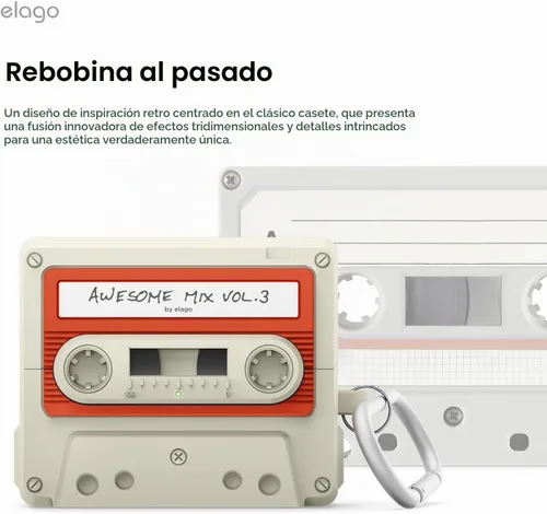 Vista 3 de elago Compatible con Samsung Galaxy Buds 3 Pro y 3 y 3 FE Funda, funda con diseño de cinta de casete con mosquetón, protección completa, accesorios