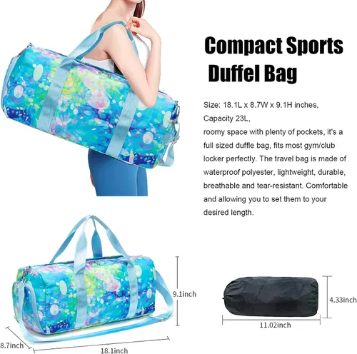 Vista 3 de BLUBOON Bolsa de lona para niñas y niños, bonita bolsa de gimnasio con compartimento para zapatos y separación húmeda, impermeable, bolsa de viaje