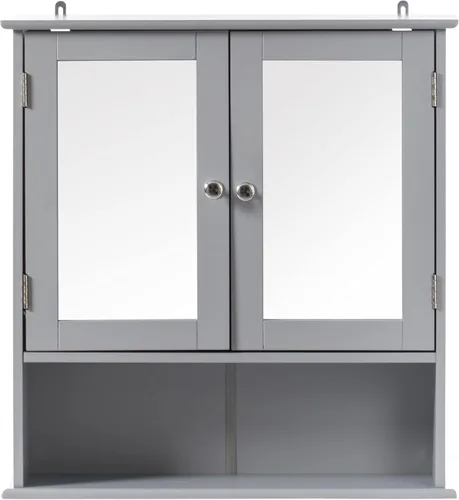 Vista 5 de Basicwise Espejo gris montado en la pared baño y tocador con estantes ajustables, gris, (QI004020.GY)