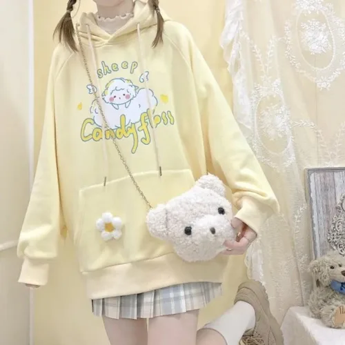 Vista 4 de Sudadera con capucha Kawaii con estampado de oveja, sudadera estética de gran tamaño, ropa de calle Harajuku, Albaricoque
