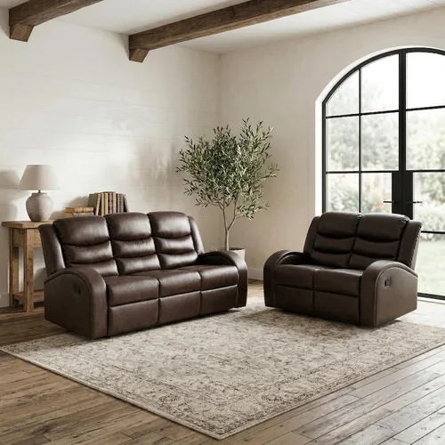 Vista 4 de Juego de sofá reclinable de 3 piezas, juego de muebles de sala de estar, sofá reclinable seccional de cuero, sofá reclinable manual, cómodo asiento