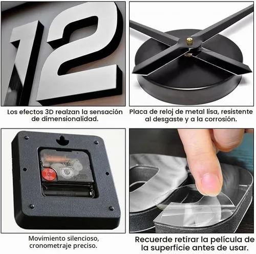 Vista 3 de Reloj de pared moderno sin marco de espejo 3D grande para el hogar Negro