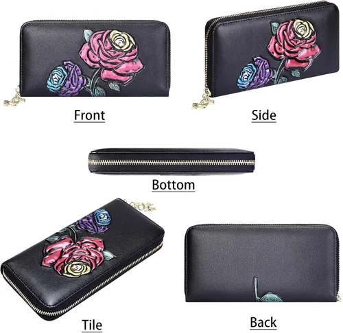 Vista 4 de FEITH & FELLY - Cartera con bloqueo RFID para mujer, de cuero grabado en relieve, talla única