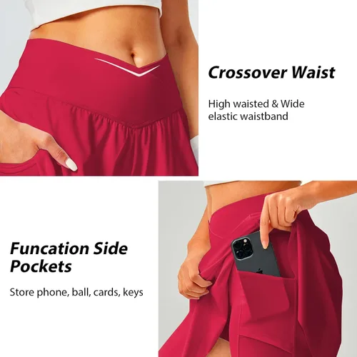 Vista 5 de Falda de tenis para mujer con bolsillos, pantalones cortos cruzados de cintura alta, faldas atléticas para golf, correr, entrenamiento