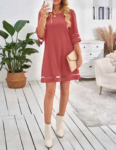 Vista 3 de LookbookStore - Vestido estilo túnica para mujer, holgado, con mangas 34 acampanadas con panel de malla, cuello redondo