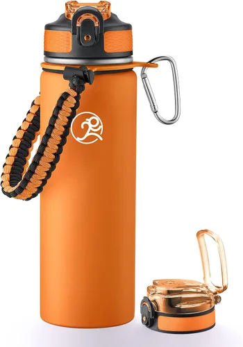 Vista 18 de GOSWAG - Botella de agua de viaje de acero inoxidable aislada de 24 onzas, 2 tapas with straw and no straw, Paracord handle, Double-wall vacuum