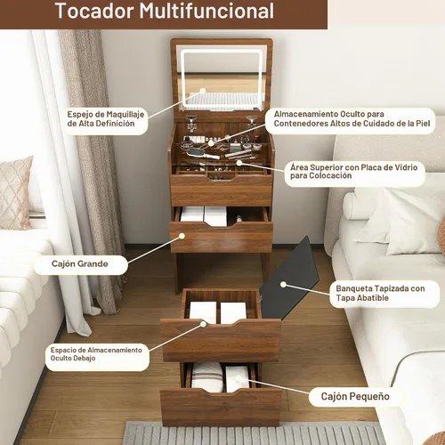 Vista 2 de Escritorio de tocador abatible con espejo iluminado LED y toma de corriente integrada, mesa de tocador de maquillaje con 2 cajones, almacenamiento