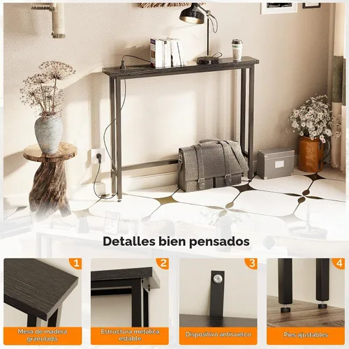 Vista 5 de VINGLI Mesa consola de 39 pulgadas con toma de corriente, mesa de sofá Negro