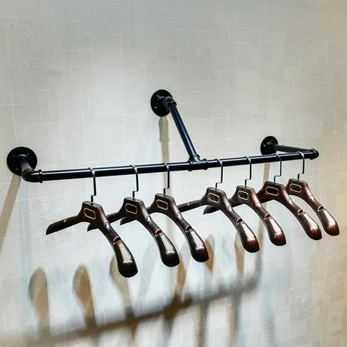 Vista 3 de Sistema de estantes colgantes de ropa para montar en la pared de tubería industrial, perchero de metal para ropa, estante de ropa perfecto