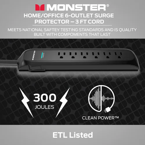 Vista 4 de Monster Regleta negra de 3 pies y protector contra sobretensiones de torre, protección resistente, clasificación de 300 julios y 6 salidas de 120 V