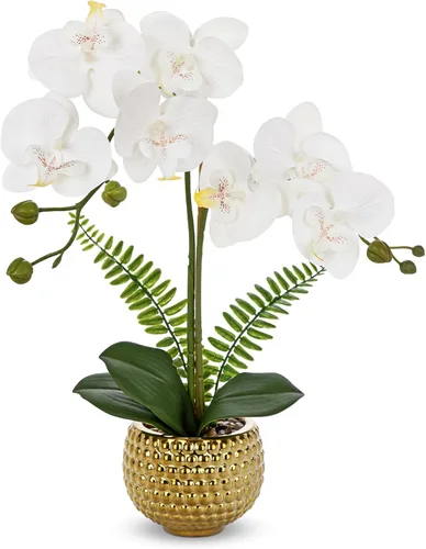 Vista 8 de Briful Orchids Flores artificiales, 20 pulgadas, flores de orquídea sintética azul con jarrón plateado, flores falsas de seda Phalaenopsis para Azul