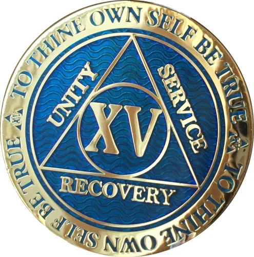 Vista 3 de 15 años AA Medallion Reflex Blue Gold Plates Sobriety Chip XV, Pequeño, Latón